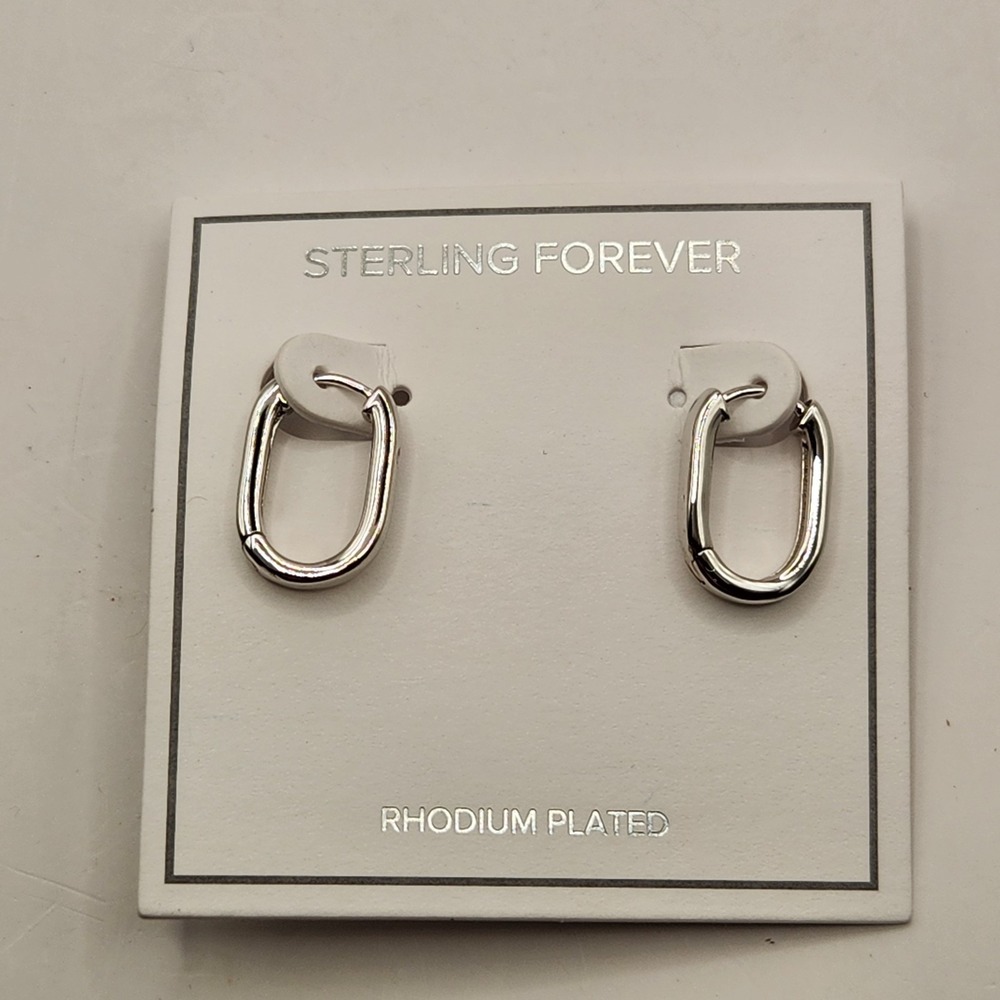 Sterling Forever Silver Tone Rhodium Plated Geometric Oval Huggie Hoop Earrings